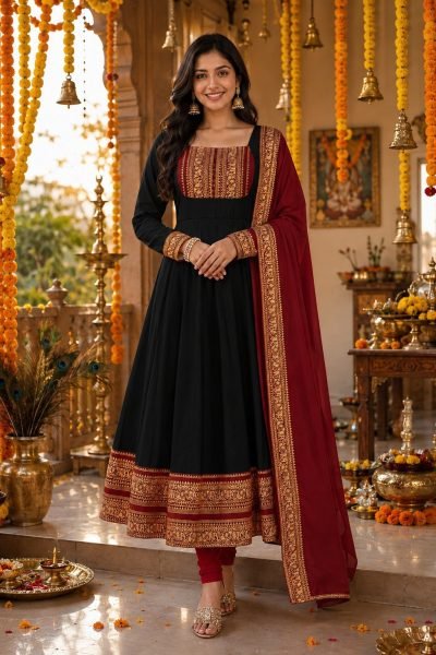 Radiant Black Cotton Chanderi Gown with Jacquard Silk Border for Manufacture Rate Anarkali Kurtis 