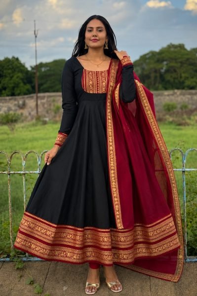 Radiant Black Cotton Chanderi Gown with Jacquard Silk Border for Manufacture Rate Anarkali Kurtis 