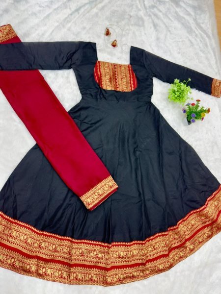 Radiant Black Cotton Chanderi Gown with Jacquard Silk Border for Manufacture Rate Anarkali Kurtis 