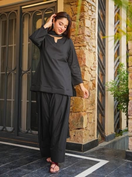 Radiant Black Cotton Kurti Patiala Gharara Set with Chinnon Dupatta at Manufacturer  Kurtis