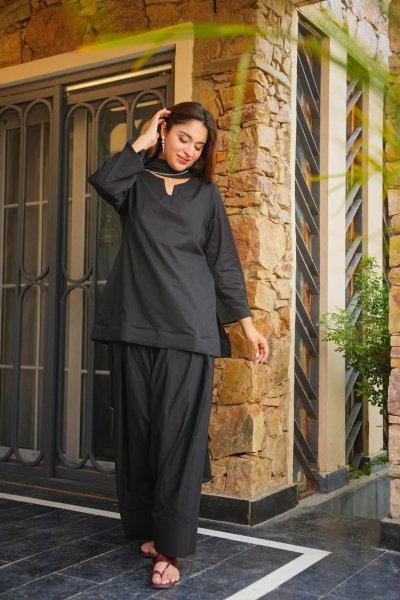 Radiant Black Cotton Kurti Patiala Gharara Set with Chinnon Dupatta at Manufacturer  Cotton Kurtis Wholesale
