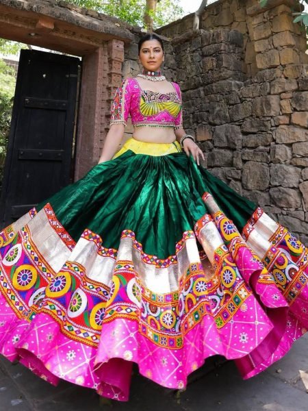 Radiant Bloom Muslin Lehenga with Floral Print and Real Mirror Work Perfect for Dazzling Garba Season  Lehenga