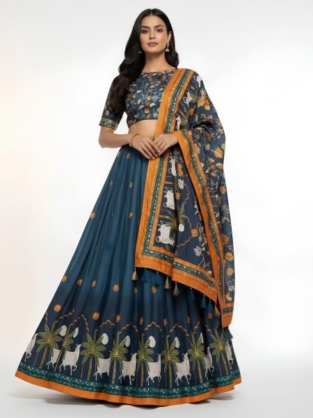Radiant Blue Designer Dola Silk Lehenga with Digital Print and 3 Meter Flare  Lehenga