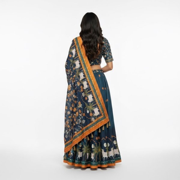 Radiant Blue Designer Dola Silk Lehenga with Digital Print and 3 Meter Flare Designer Lehenga Choli