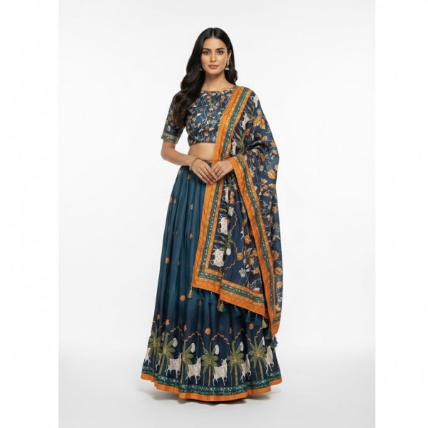 Radiant Blue Designer Dola Silk Lehenga with Digital Print and 3 Meter Flare Designer Lehenga Choli