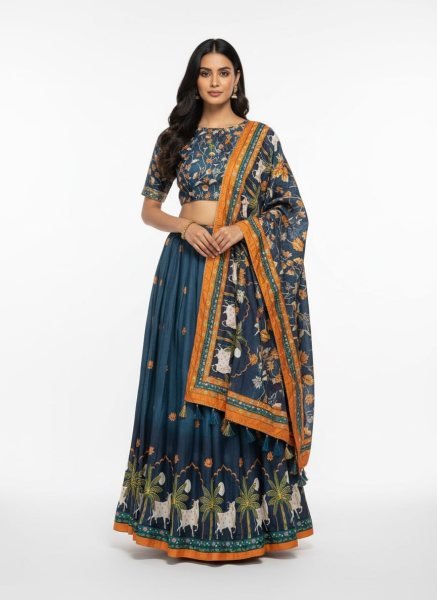 Radiant Blue Designer Dola Silk Lehenga with Digital Print and 3 Meter Flare Designer Lehenga Choli