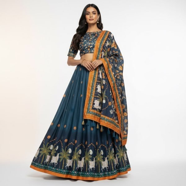 Radiant Blue Designer Dola Silk Lehenga with Digital Print and 3 Meter Flare Designer Lehenga Choli