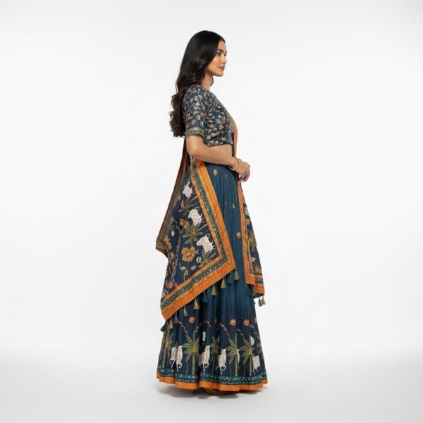 Radiant Blue Designer Dola Silk Lehenga with Digital Print and 3 Meter Flare Designer Lehenga Choli