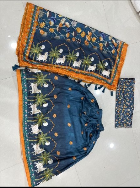Radiant Blue Designer Dola Silk Lehenga with Digital Print and 3 Meter Flare Designer Lehenga Choli