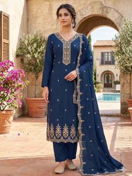 Radiant Blue Designer Vichitra Silk Booti Work Salwar Suit Material for Women 
