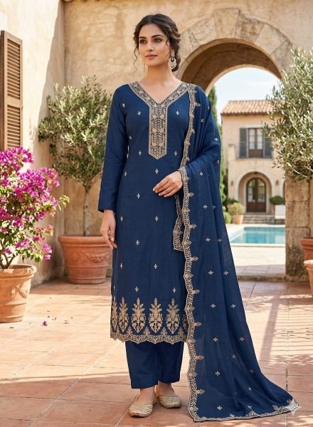 Radiant Blue Designer Vichitra Silk Booti Work Salwar Suit Material for Women Color Set Matching Dress Material Wholesale