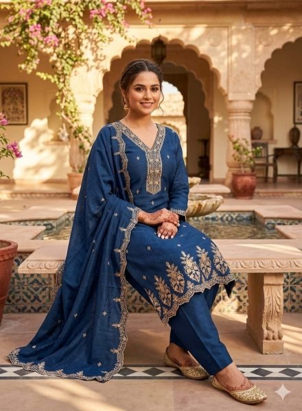 Radiant Blue Designer Vichitra Silk Booti Work Salwar Suit Material for Women Color Set Matching Dress Material Wholesale