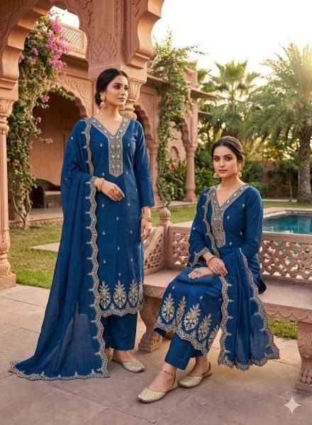 Radiant Blue Designer Vichitra Silk Booti Work Salwar Suit Material for Women Color Set Matching Dress Material Wholesale