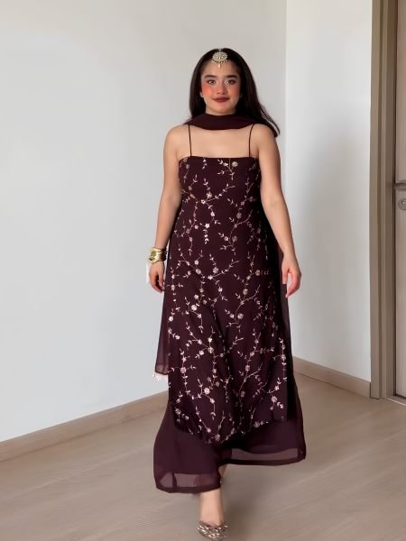 Radiant Brown Flux Georgette Top Plazzo Set with 2-Side Fancy Lace Dupatta 
