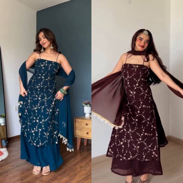 Radiant Brown Flux Georgette Top Plazzo Set with 2-Side Fancy Lace Dupatta Ready To Wear Collection