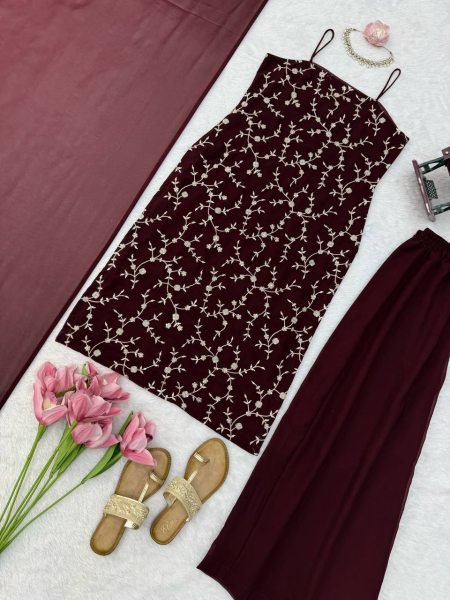 Radiant Brown Flux Georgette Top Plazzo Set with 2-Side Fancy Lace Dupatta Ready To Wear Collection