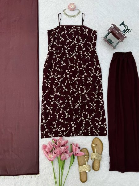 Radiant Brown Flux Georgette Top Plazzo Set with 2-Side Fancy Lace Dupatta Ready To Wear Collection