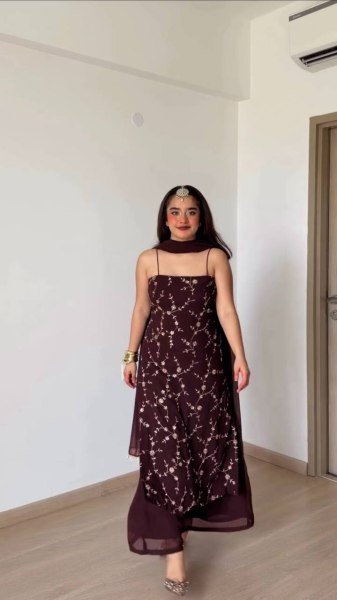 Radiant Brown Flux Georgette Top Plazzo Set with 2-Side Fancy Lace Dupatta Ready To Wear Collection