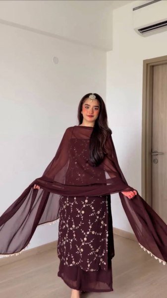 Radiant Brown Flux Georgette Top Plazzo Set with 2-Side Fancy Lace Dupatta Ready To Wear Collection