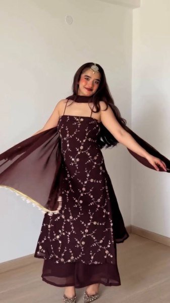 Radiant Brown Flux Georgette Top Plazzo Set with 2-Side Fancy Lace Dupatta Ready To Wear Collection