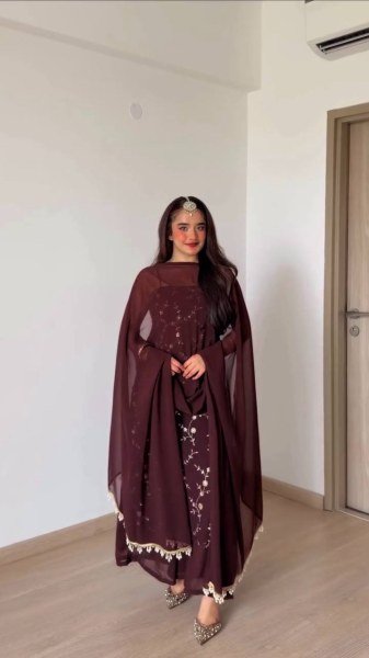 Radiant Brown Flux Georgette Top Plazzo Set with 2-Side Fancy Lace Dupatta Ready To Wear Collection
