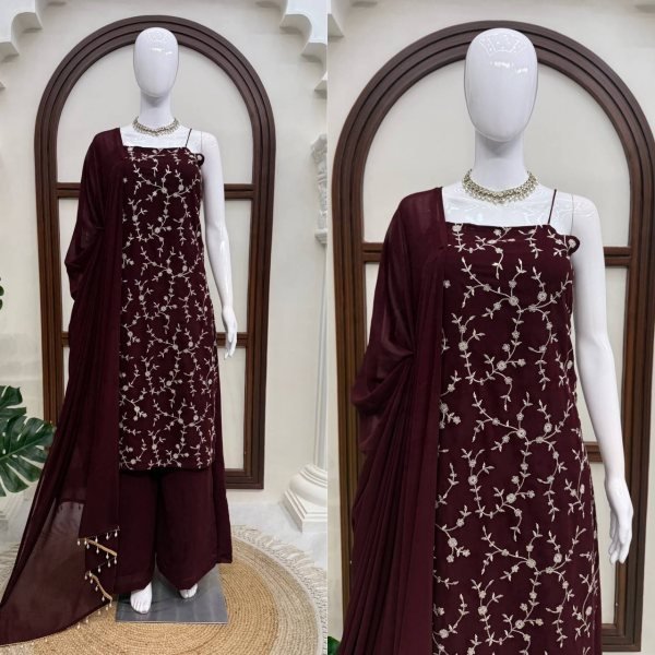Radiant Brown Flux Georgette Top Plazzo Set with 2-Side Fancy Lace Dupatta Ready To Wear Collection