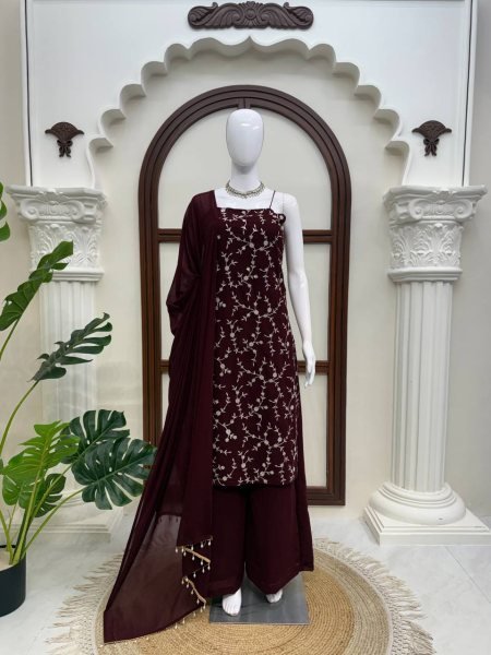 Radiant Brown Flux Georgette Top Plazzo Set with 2-Side Fancy Lace Dupatta Ready To Wear Collection