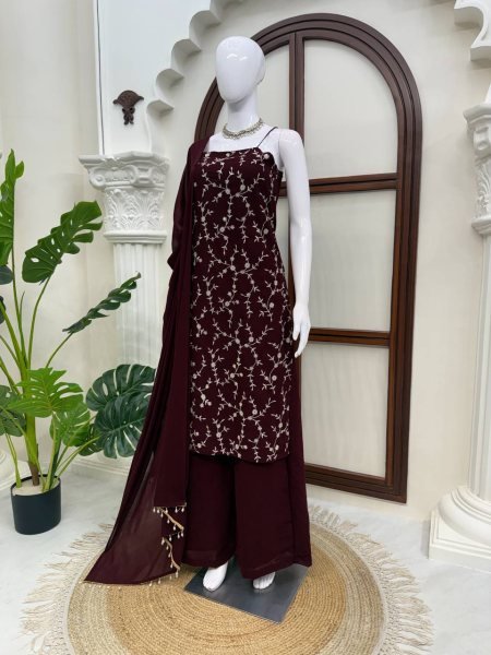 Radiant Brown Flux Georgette Top Plazzo Set with 2-Side Fancy Lace Dupatta Ready To Wear Collection