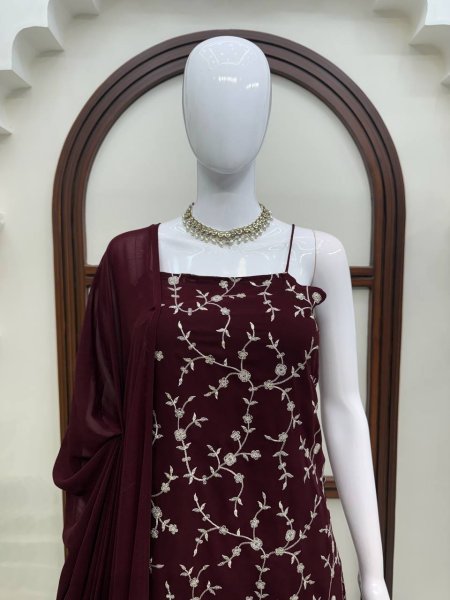 Radiant Brown Flux Georgette Top Plazzo Set with 2-Side Fancy Lace Dupatta Ready To Wear Collection