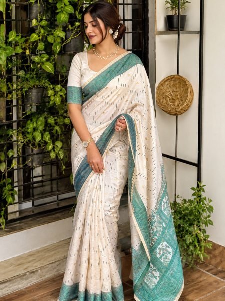 Radiant Cream Khadi Cotton Saree with Contrast Thread Jacquard and Rich Pallu 