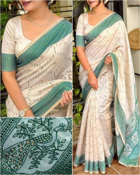 Radiant Cream Khadi Cotton Saree with Contrast Thread Jacquard and Rich Pallu Cotton Sarees Wholesale
