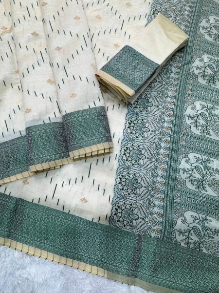 Radiant Cream Khadi Cotton Saree with Contrast Thread Jacquard and Rich Pallu Cotton Sarees Wholesale