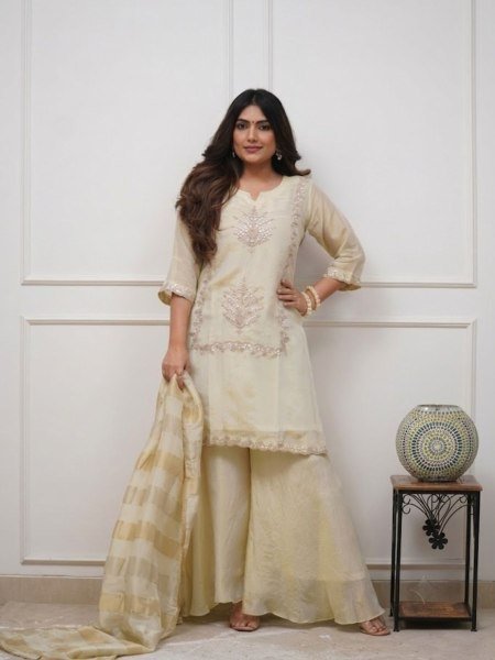Radiant Cream Premium Heavy Chinon Embroidered Kurti Pant Set with Jacquard Dupatta Kurtis