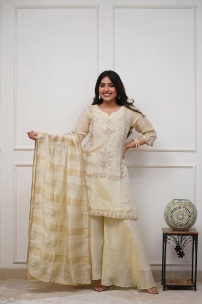 Radiant Cream Premium Heavy Chinon Embroidered Kurti Pant Set with Jacquard Dupatta Embroidery Kurtis 