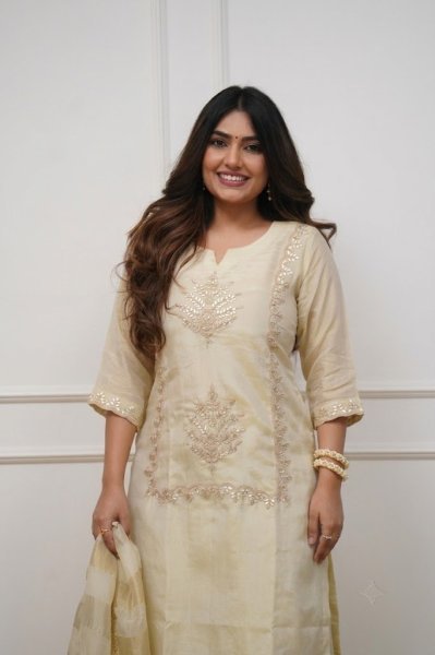 Radiant Cream Premium Heavy Chinon Embroidered Kurti Pant Set with Jacquard Dupatta Embroidery Kurtis 