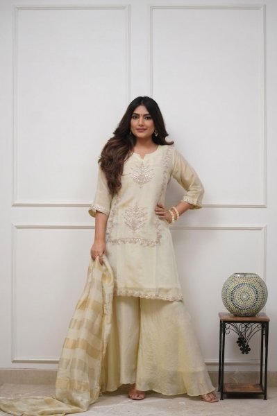 Radiant Cream Premium Heavy Chinon Embroidered Kurti Pant Set with Jacquard Dupatta Embroidery Kurtis 