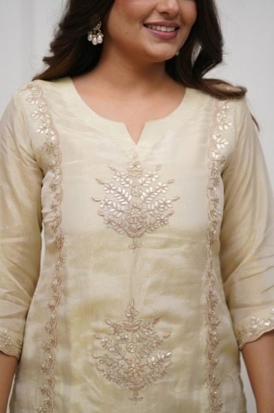 Radiant Cream Premium Heavy Chinon Embroidered Kurti Pant Set with Jacquard Dupatta Embroidery Kurtis 