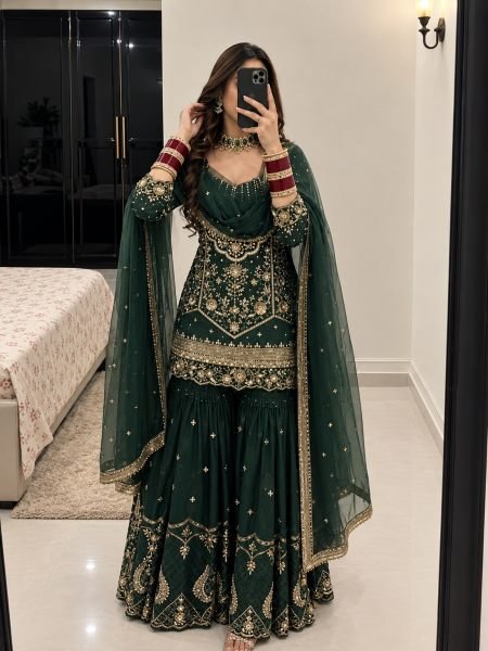 Radiant Dark Green Heavy Faux Georgette Top Sharara Set with Net Dupatta at Manufacturer  