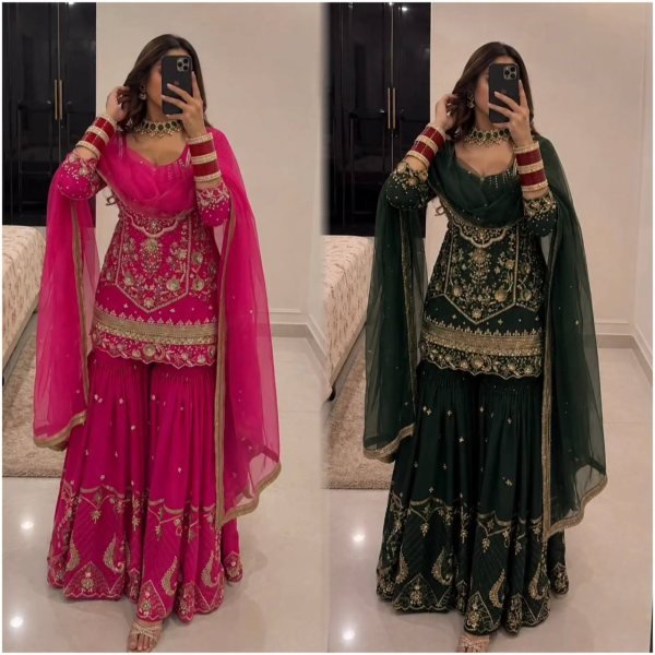 Radiant Dark Green Heavy Faux Georgette Top Sharara Set with Net Dupatta at Manufacturer  Ready To Wear Collection