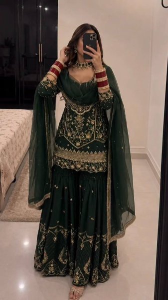 Radiant Dark Green Heavy Faux Georgette Top Sharara Set with Net Dupatta at Manufacturer  Ready To Wear Collection