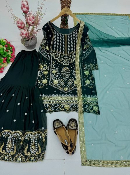 Radiant Dark Green Heavy Faux Georgette Top Sharara Set with Net Dupatta at Manufacturer  Ready To Wear Collection
