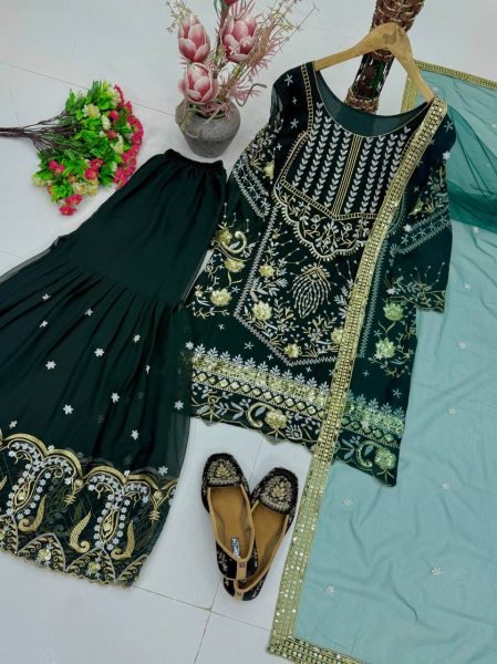 Radiant Dark Green Heavy Faux Georgette Top Sharara Set with Net Dupatta at Manufacturer  Ready To Wear Collection