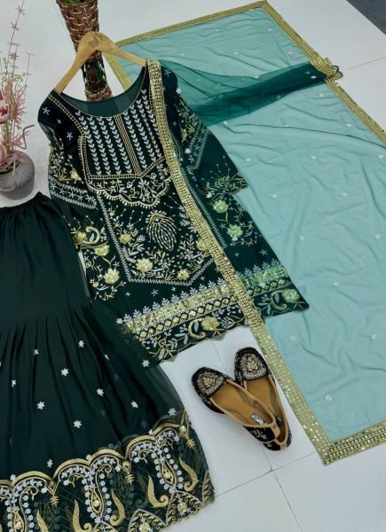 Radiant Dark Green Heavy Faux Georgette Top Sharara Set with Net Dupatta at Manufacturer  Ready To Wear Collection