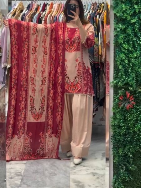 Radiant  Digital Print French Crepe Silk Suit with Farshi Pant   Georgette Dupatta for Party Wear 