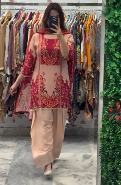 Radiant  Digital Print French Crepe Silk Suit with Farshi Pant   Georgette Dupatta for Party Wear Pakistani Suits Wholesale