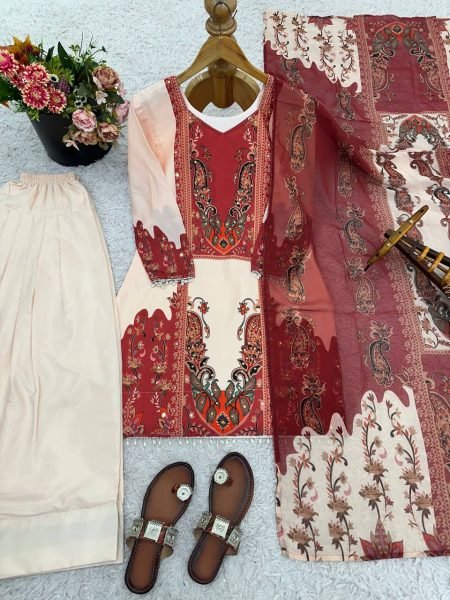 Radiant  Digital Print French Crepe Silk Suit with Farshi Pant   Georgette Dupatta for Party Wear Pakistani Suits Wholesale