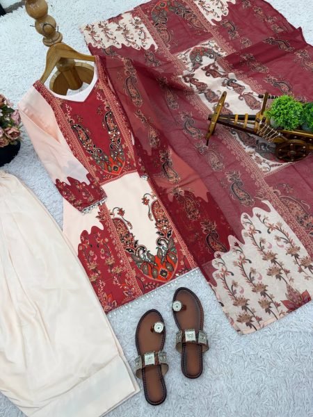 Radiant  Digital Print French Crepe Silk Suit with Farshi Pant   Georgette Dupatta for Party Wear Pakistani Suits Wholesale