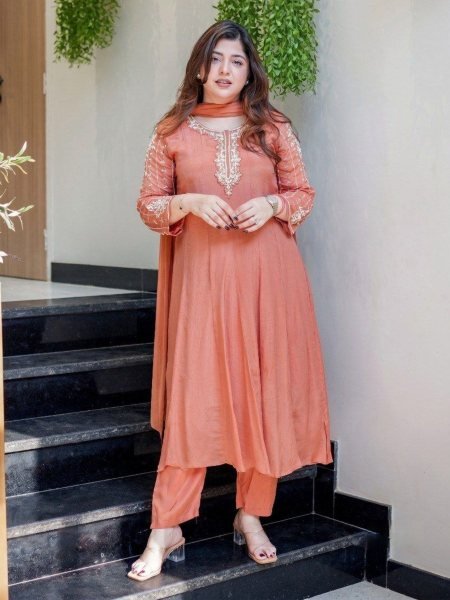 Radiant Dusty Pink Glass Tissue Anarkali Set With Hand Work On Sleeves And Neck For Weomen Kurtis