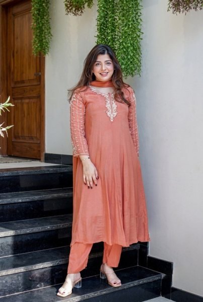 Radiant Dusty Pink Glass Tissue Anarkali Set With Hand Work On Sleeves And Neck For Weomen Anarkali Kurtis 