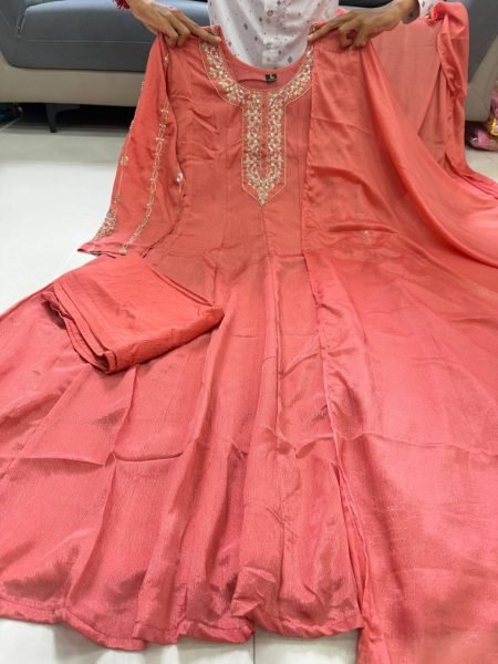 Radiant Dusty Pink Glass Tissue Anarkali Set With Hand Work On Sleeves And Neck For Weomen Anarkali Kurtis 